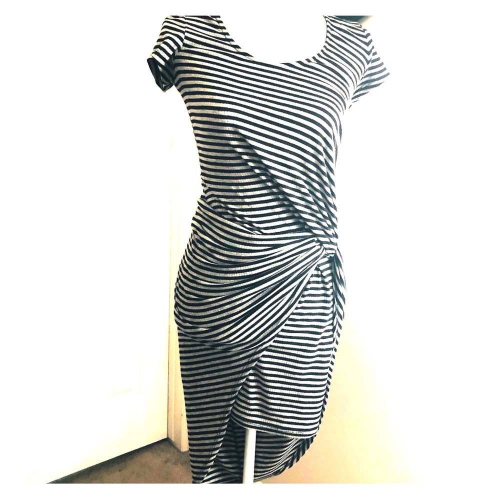 Striped  Black and Gray  Asymmetrical design Dress
